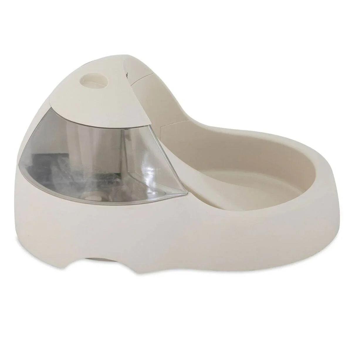 Automatic pet water dispenser with clear reservoir and beige base for cats and dogs