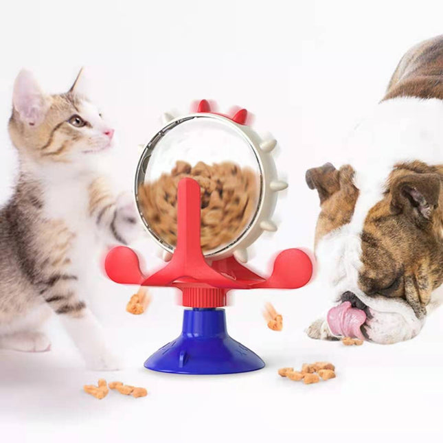 Interactive pet food puzzle toy for cats and dogs with spinning wheel and treat dispenser