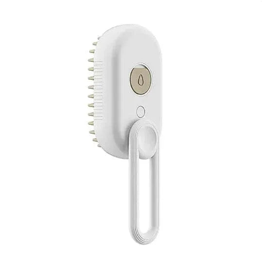 White pet grooming brush with soft bristles and ergonomic handle for dog and cat care