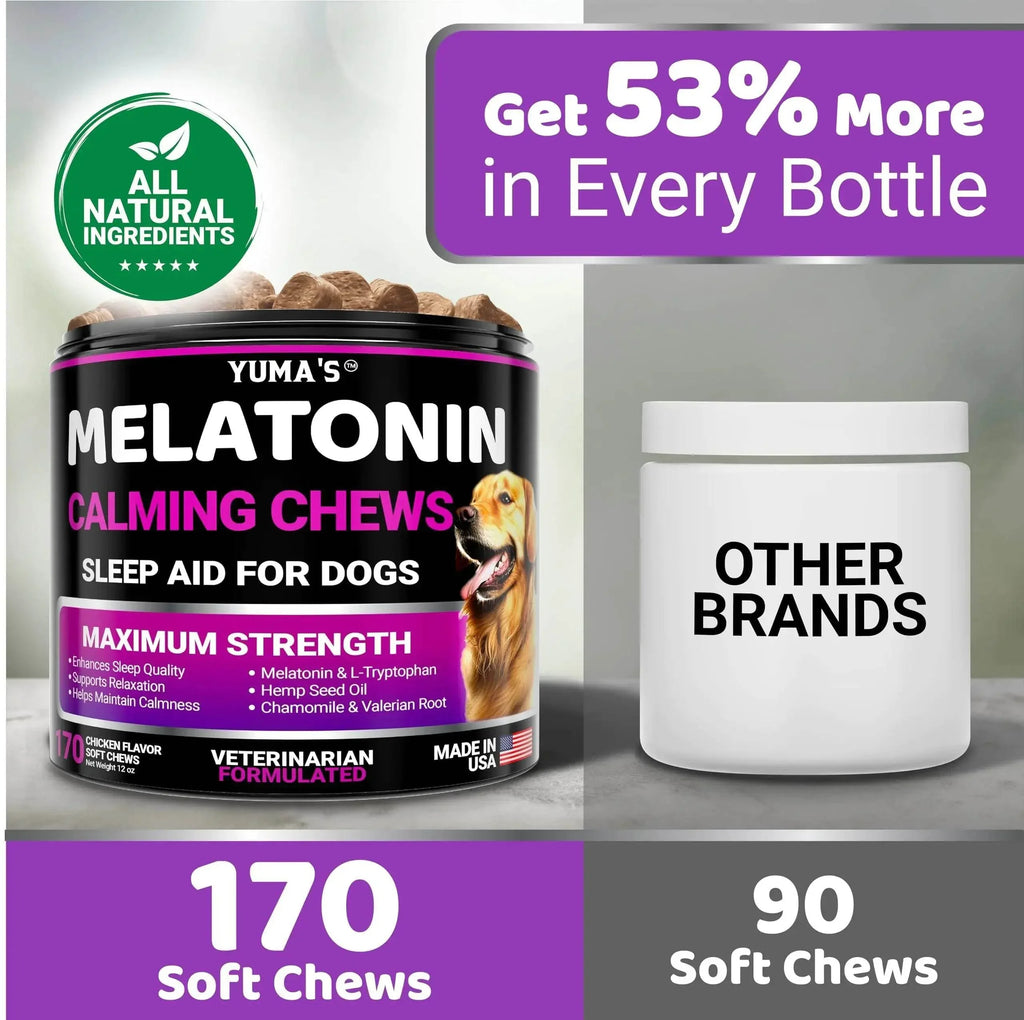 Yuma's Melatonin Calming Chews for Dogs, 170 soft chews, all natural ingredients, sleep aid