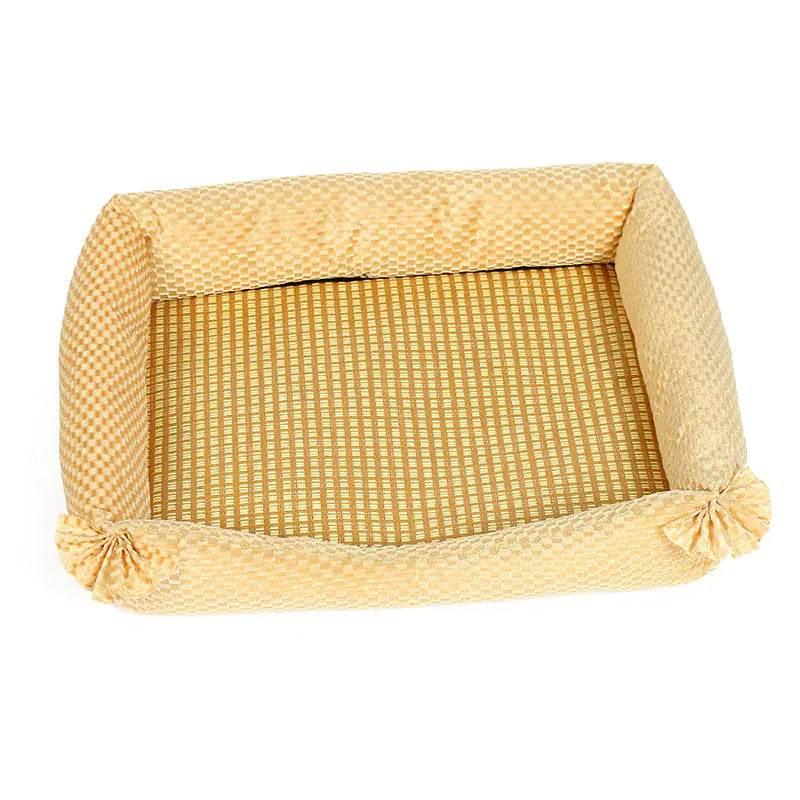 Cozy beige pet bed with woven texture and soft edges for dogs and cats
