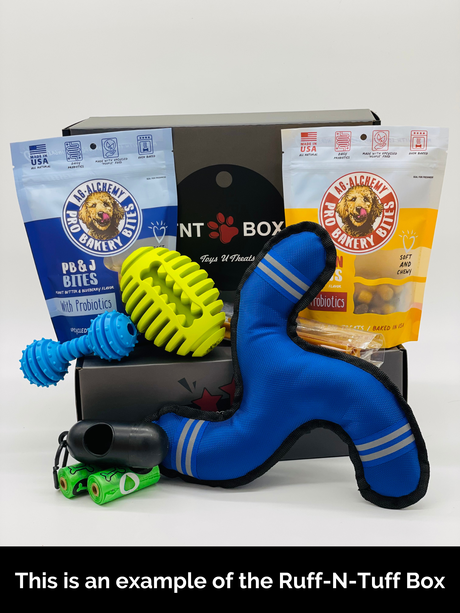 Dog toy bundle with chew toys, probiotic treats, and waste bags in Ruff-N-Tuff Box