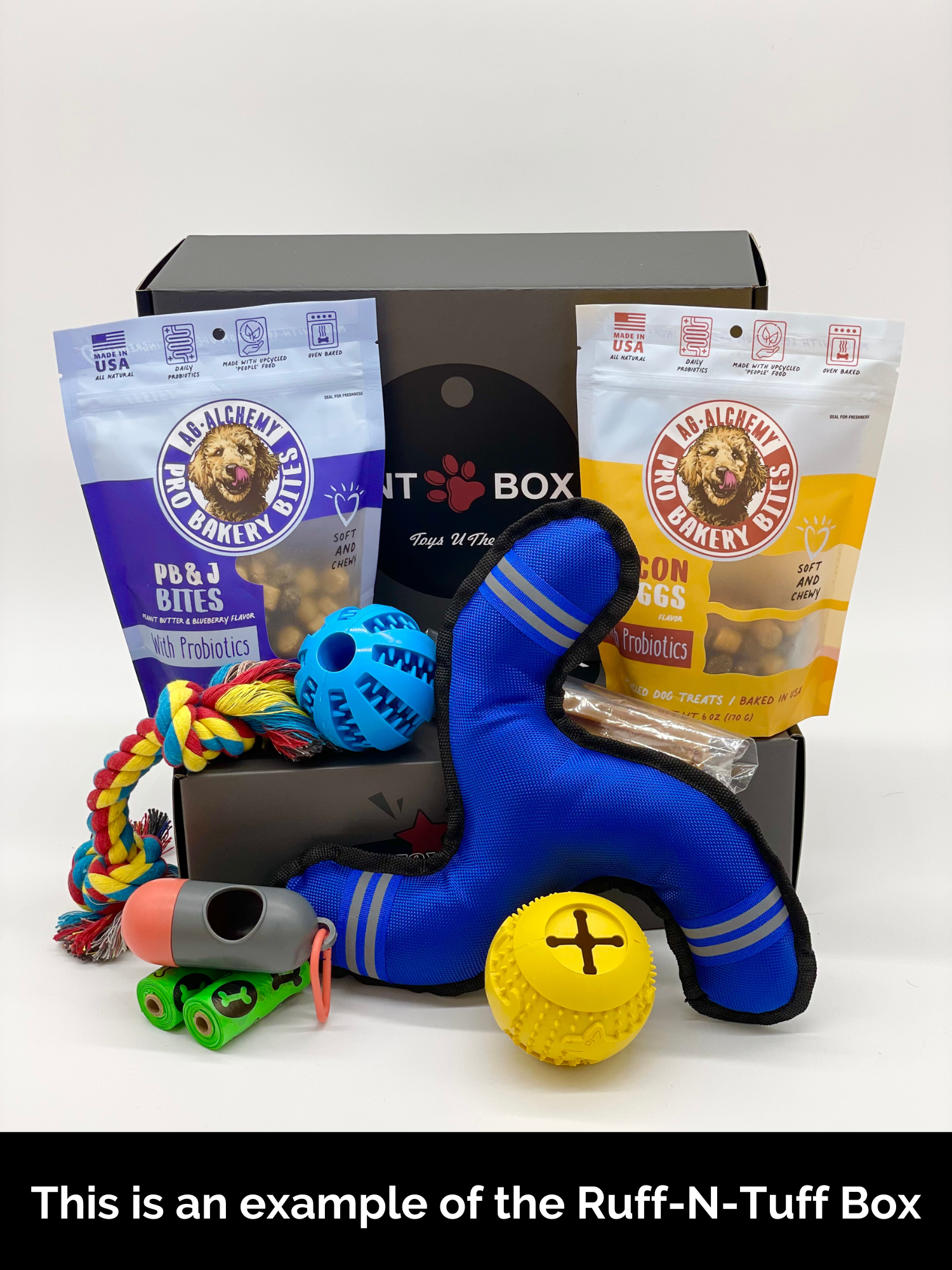 Ruff-N-Tuff Box with dog toys, probiotic treats, rope, balls, and waste bags for pet care essentials