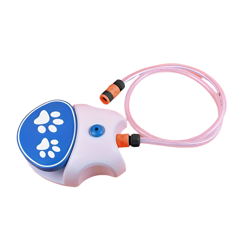 Pet water dispenser with paw print design and pink hose for dogs and cats