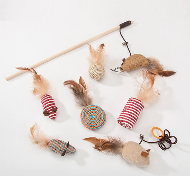 Colorful cat toys with feathers, stripes, and mice designs for playful feline fun