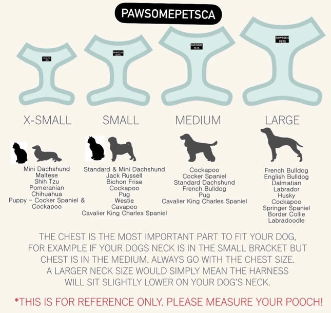 Dog harness size chart for breeds from X-Small to Large with fitting tips