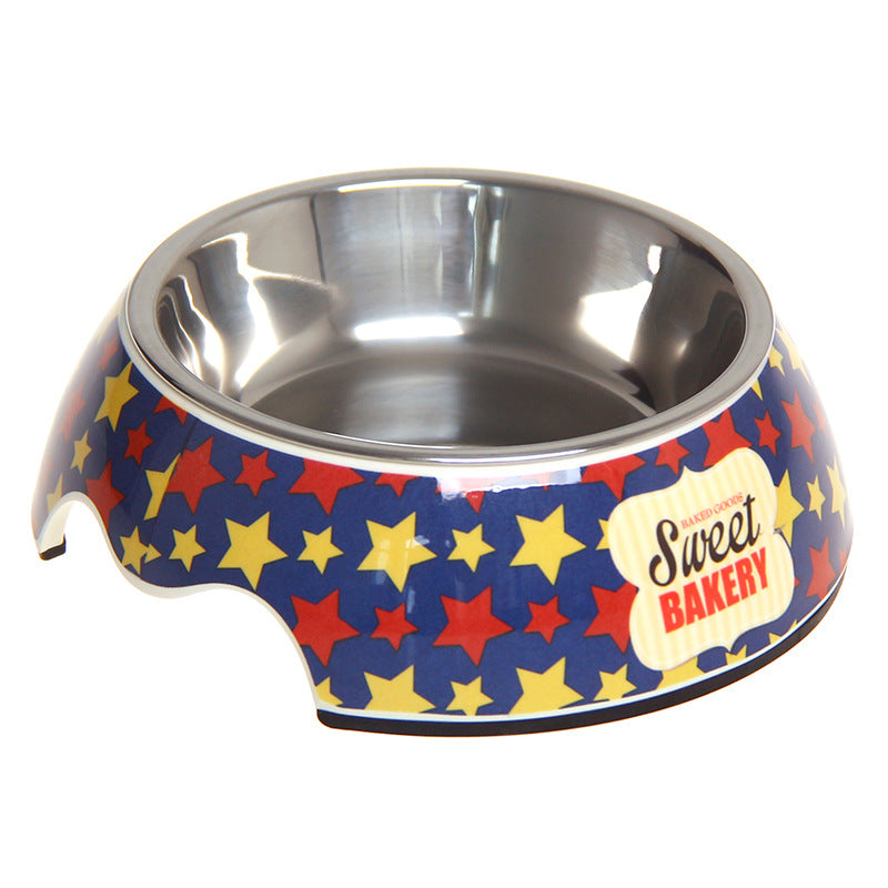 Stainless steel pet bowl with colorful star pattern and Sweet Bakery label, ideal for dog or cat food.