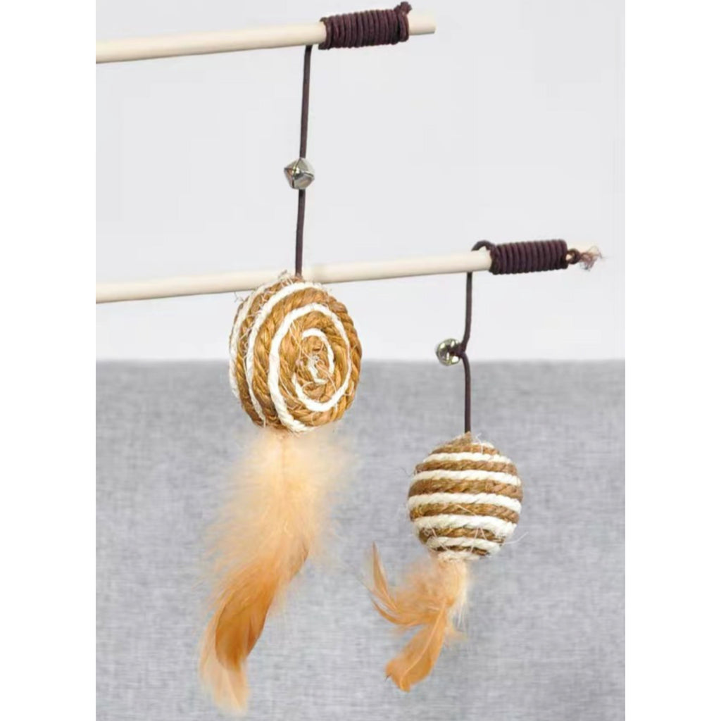 Cat toys with rope balls and feathers for playful feline fun
