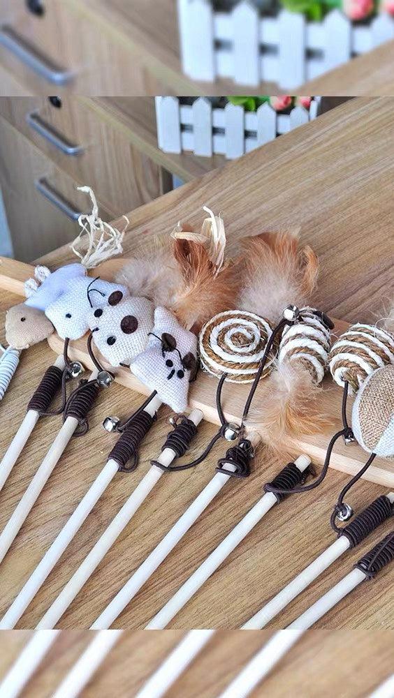 Cat toys with feather and mouse designs on wooden sticks for interactive play