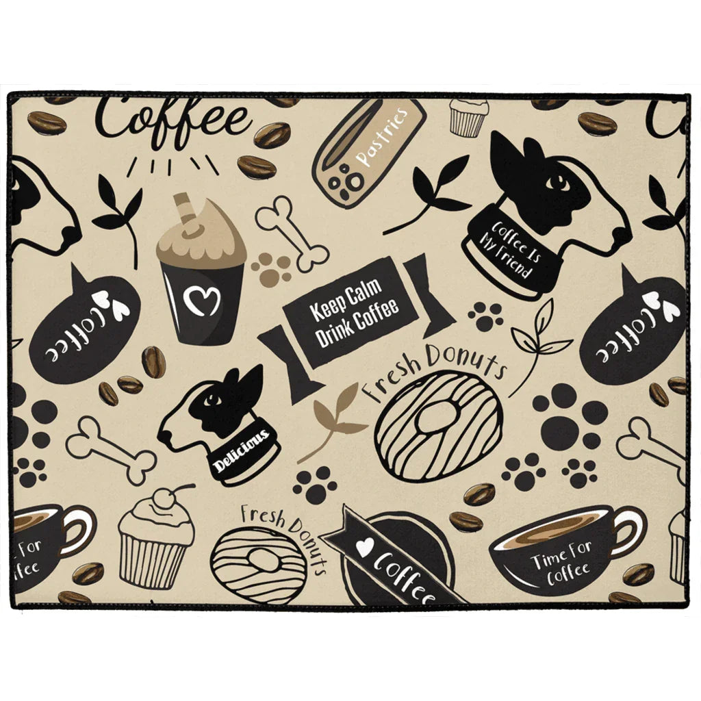 Coffee-themed pet mat with dog designs, donuts, and paw prints for pet lovers
