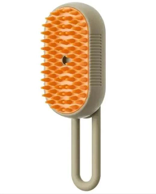 Orange silicone pet grooming brush with ergonomic handle for dogs and cats