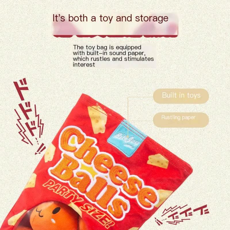 Cheese Balls pet toy bag with rustling paper and built-in toys for dogs and cats