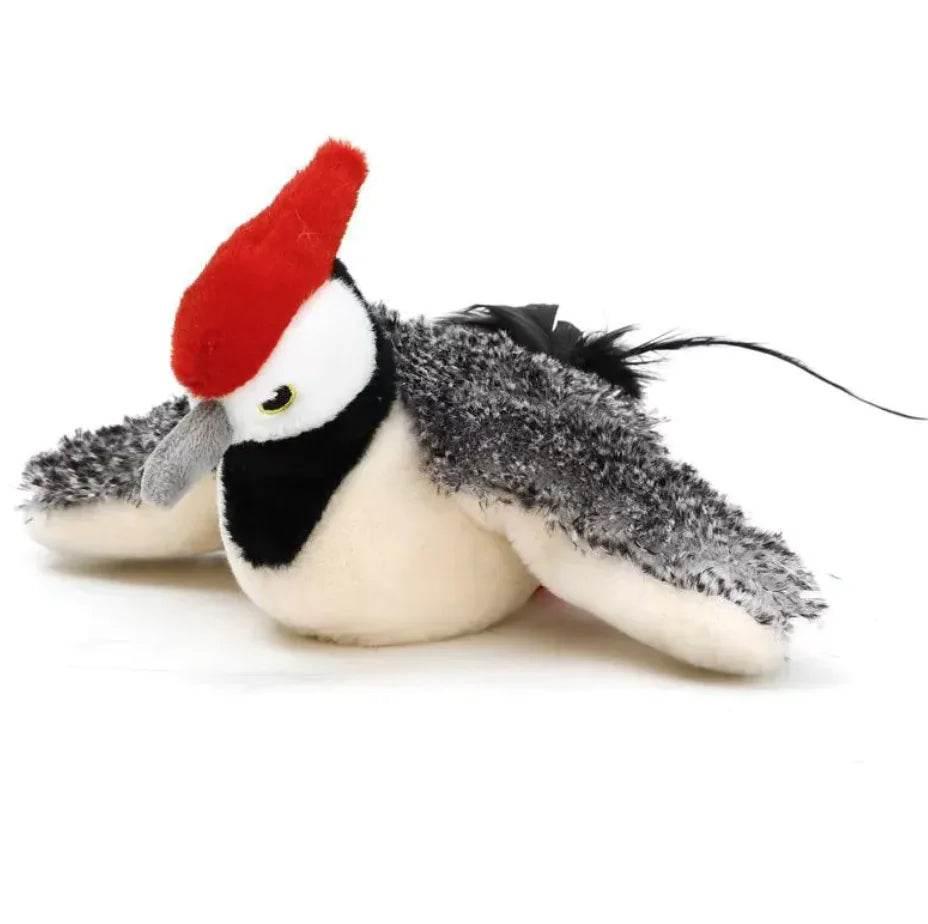Plush woodpecker pet toy with red crest, black and white feathers, ideal for cats and dogs