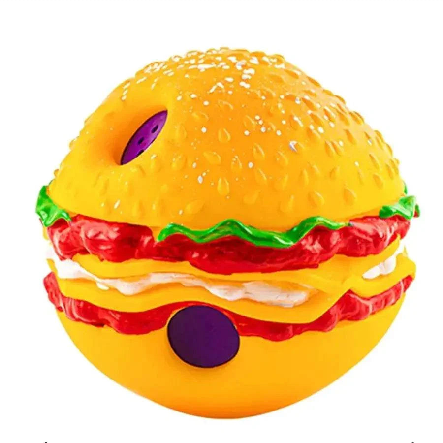 Fun burger-shaped dog toy with squeaker, perfect for playful pets and interactive playtime.