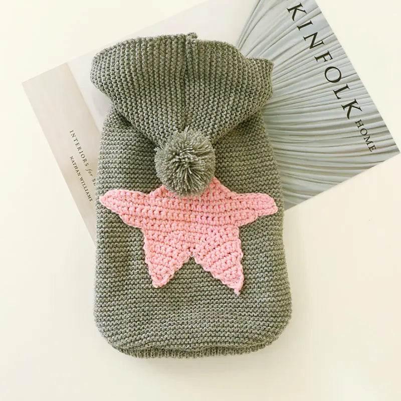 Knitted pet sweater with pink star and pom-pom, cozy dog or cat clothing