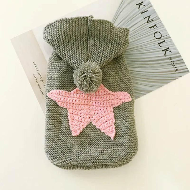 Knitted pet sweater with pink star and pom-pom, cozy dog or cat clothing