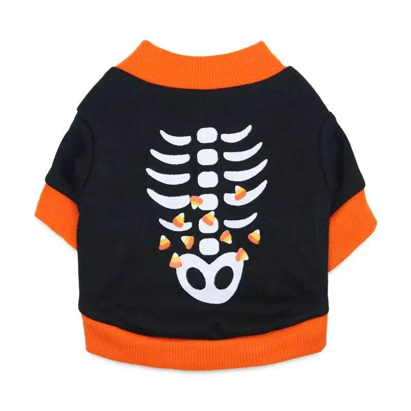 Black dog Halloween sweater with white skeleton and candy corn design, orange trim