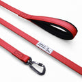 Red dog leash with black mesh handle and carabiner, Bestia Dog Sport branding, pet accessory