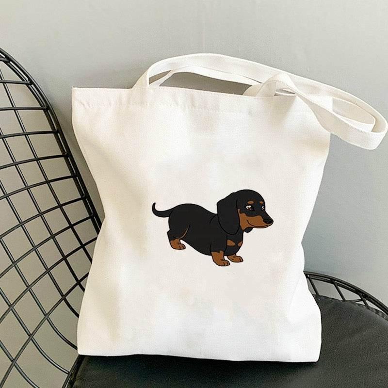 Cute dachshund print on white canvas tote bag for dog lovers and pet owners