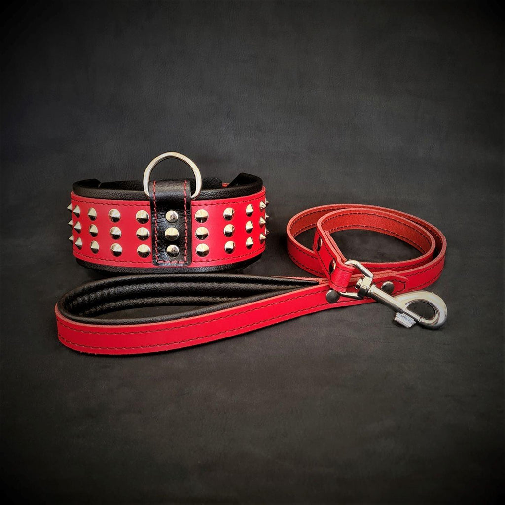 Red and black studded dog collar and leash set with metal hardware for pets