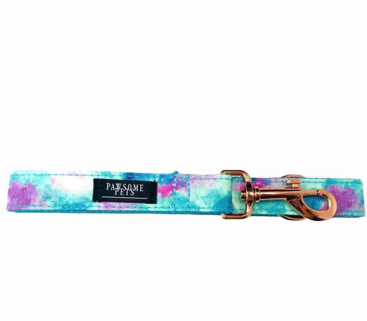 Tie-dye dog leash with rose gold hardware and Pawsome Pets tag, perfect for stylish pet walks