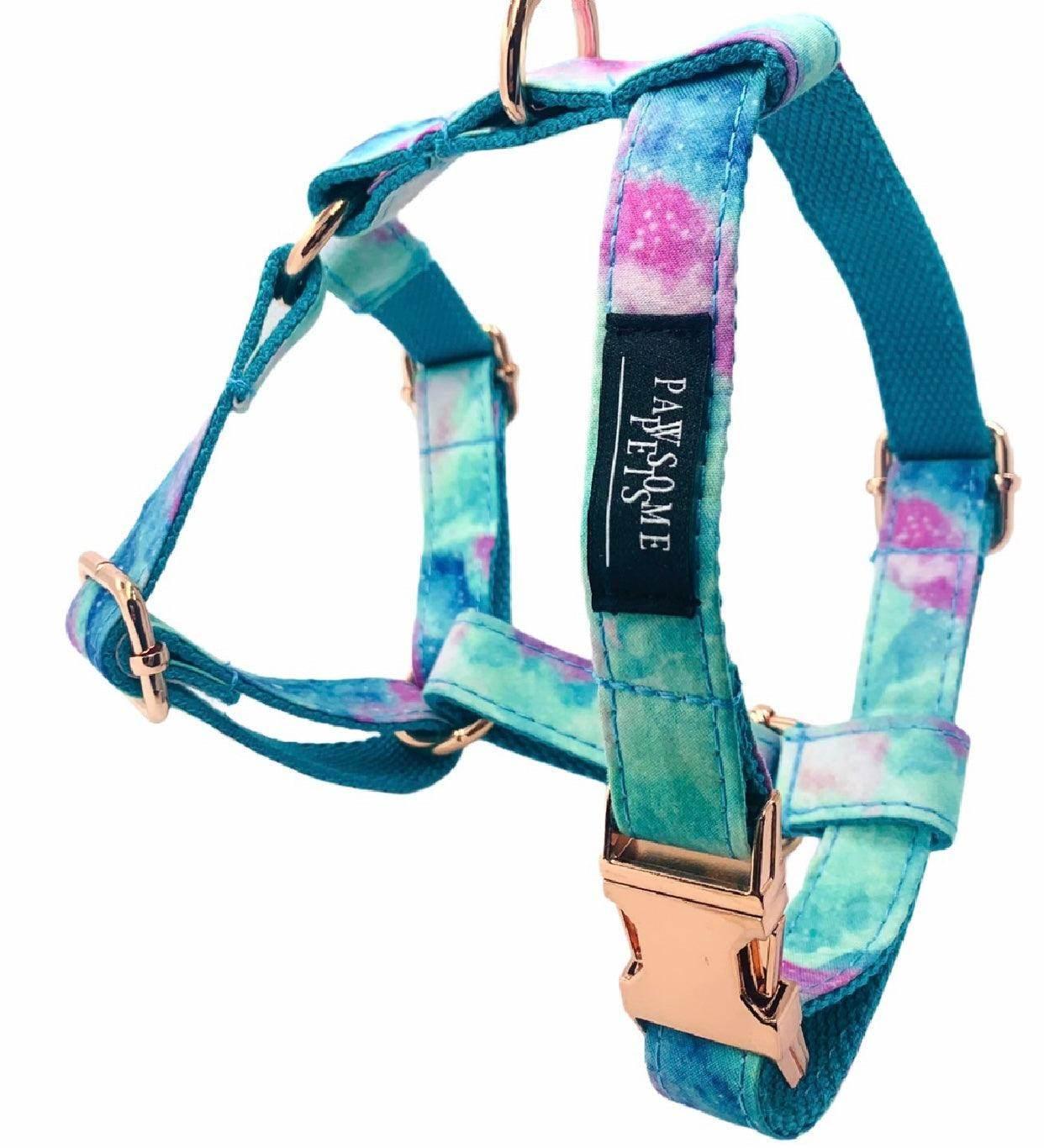 Colorful tie-dye dog harness with rose gold hardware and PAWSOME PETS label, ideal for pet walks and outdoor adventures.
