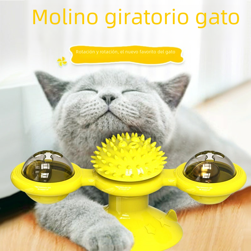 Yellow rotating cat toy with spiked ball and rolling balls, perfect for playful cats and indoor feline entertainment.