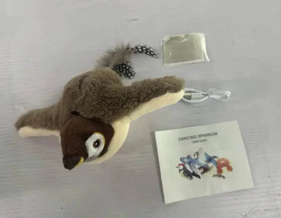 Plush penguin cat toy with feathers and user guide, ideal for pet play and enrichment
