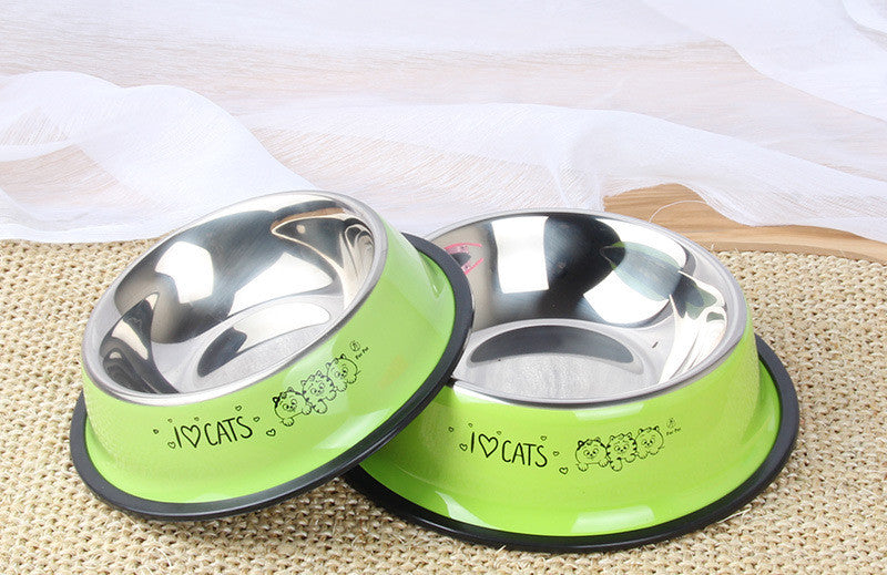 Green cat food bowls with stainless steel interior and 'I ? CATS' design, ideal for pet feeding
