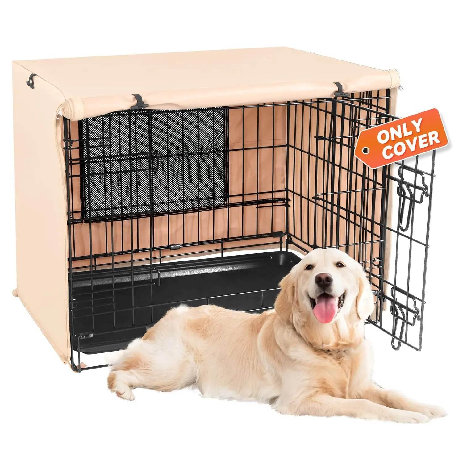Beige dog crate cover for metal kennel, shown with golden retriever ? only cover included