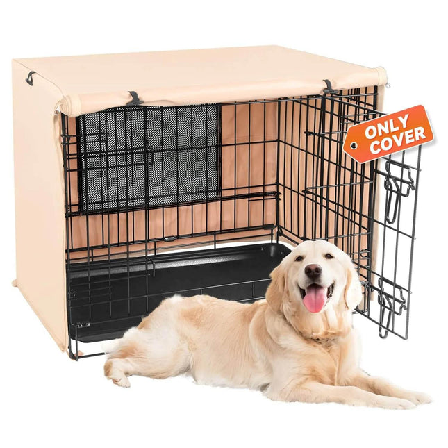 Beige dog crate cover for metal kennel, shown with golden retriever ? only cover included