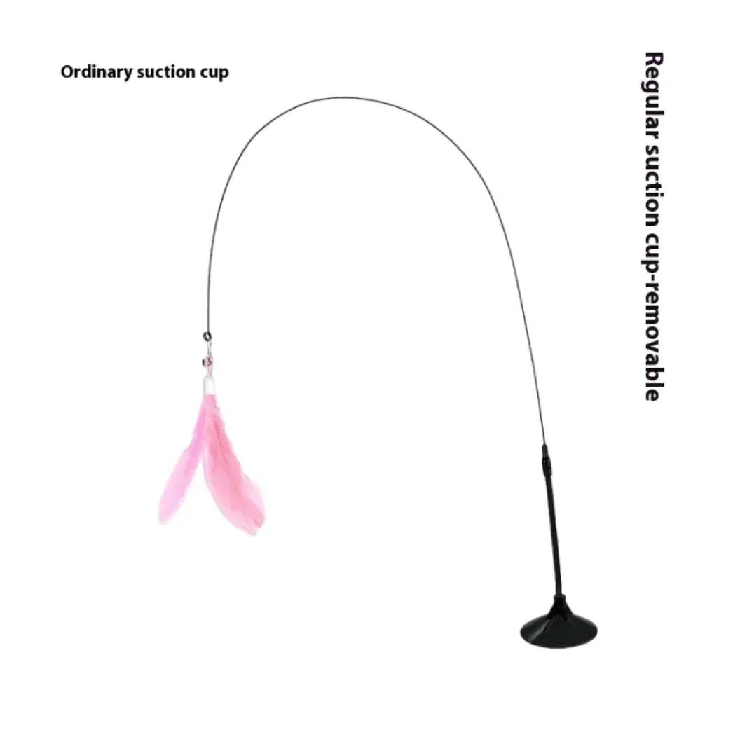 Cat wand toy with pink feather attachment and removable suction cup base for window or wall play