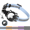 Light blue cat collar with reflective stripe, bell, and AirTag holder for pet tracking and safety