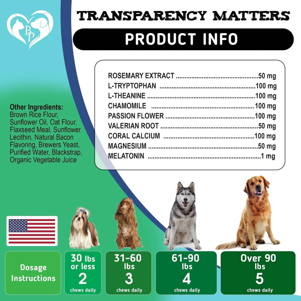 Dog calming supplement ingredients and dosage chart for all sizes, featuring rosemary, chamomile, and melatonin for pet anxiety relief