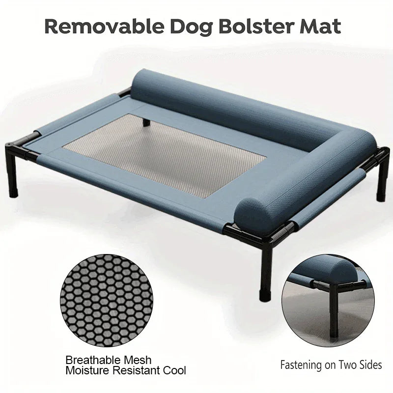 Removable dog bolster mat with breathable mesh, moisture-resistant cool surface, and fastening on two sides