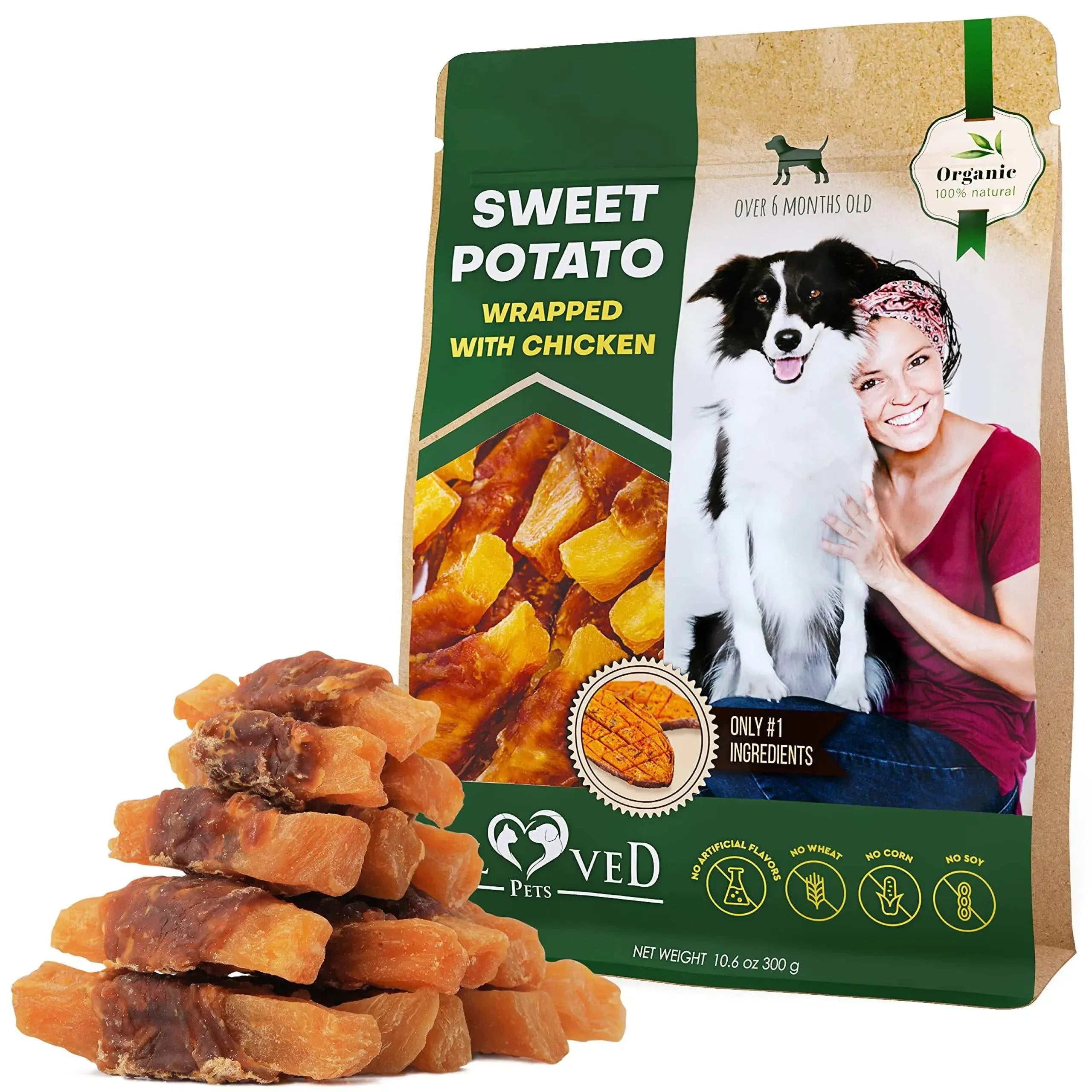 Organic sweet potato dog treats wrapped with chicken, natural ingredients, no wheat or corn, for dogs over 6 months