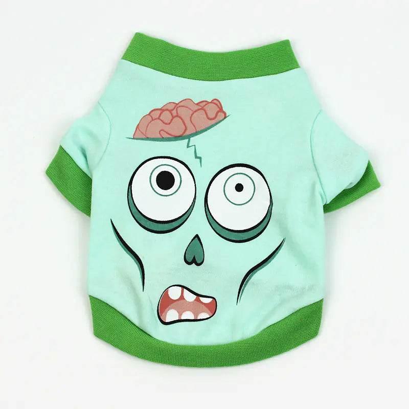 Funny zombie dog shirt with brain graphic, green trim, perfect for pet costumes and Halloween.