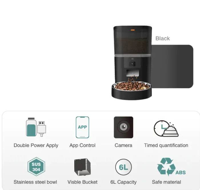 Smart pet feeder with app control, camera, 6L capacity, stainless steel bowl, and timed feeding for dogs and cats