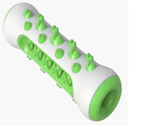 Green and white dog chew toy with textured spikes for dental care and interactive play