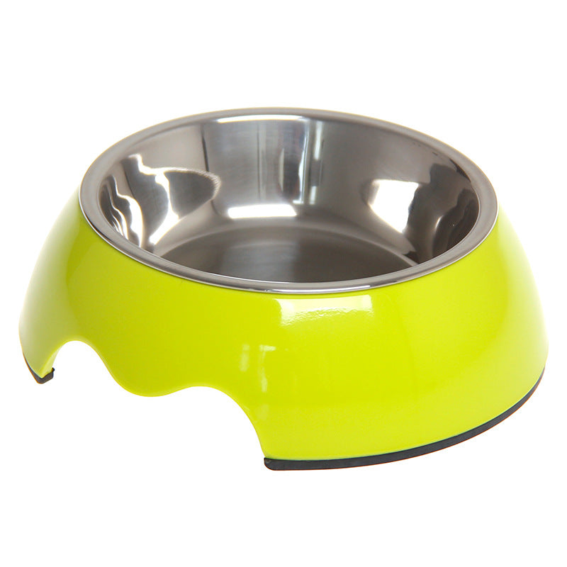 Bright green pet bowl with stainless steel interior, non-slip base for dogs and cats
