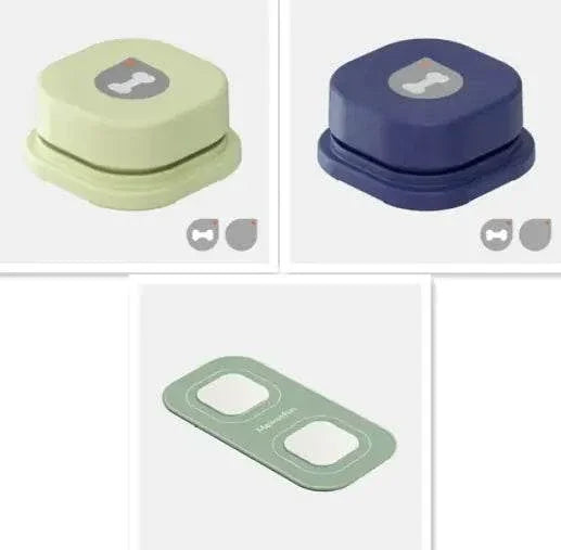Pet food dispenser with bone icon, mint and navy colors, includes refill pad for dogs and cats