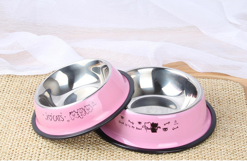 Pink cat food bowls with stainless steel interior, cute cat prints, non-slip base for pet feeding