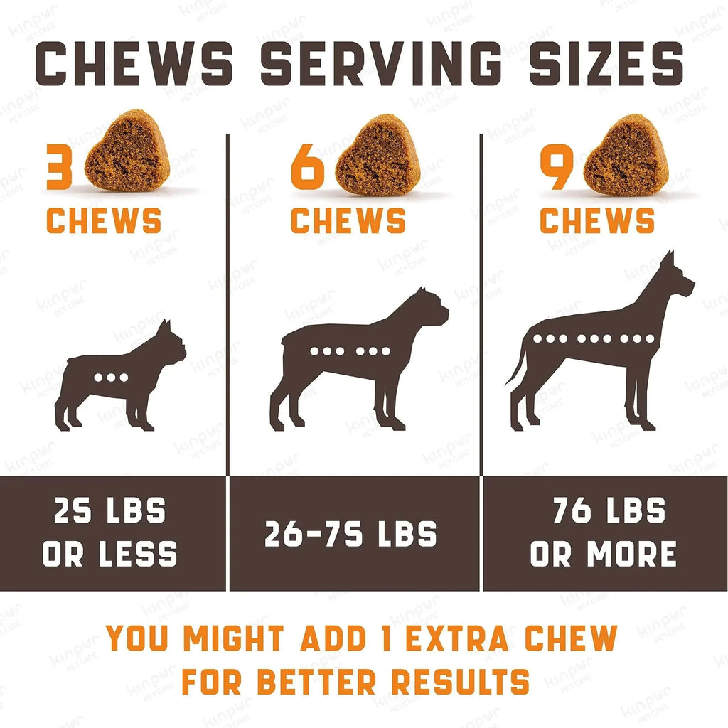 Dog chew serving sizes by weight: 3 for 25 lbs, 6 for 26-75 lbs, 9 for 76+ lbs