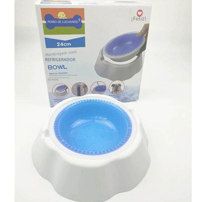 Blue cooling dog bowl with refrigerated base, ideal for summer pet hydration, 24cm size