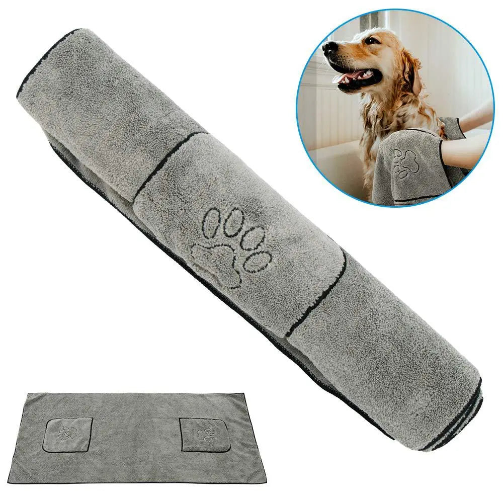 Gray pet drying towel with paw print design, ideal for dogs after bath, soft absorbent material