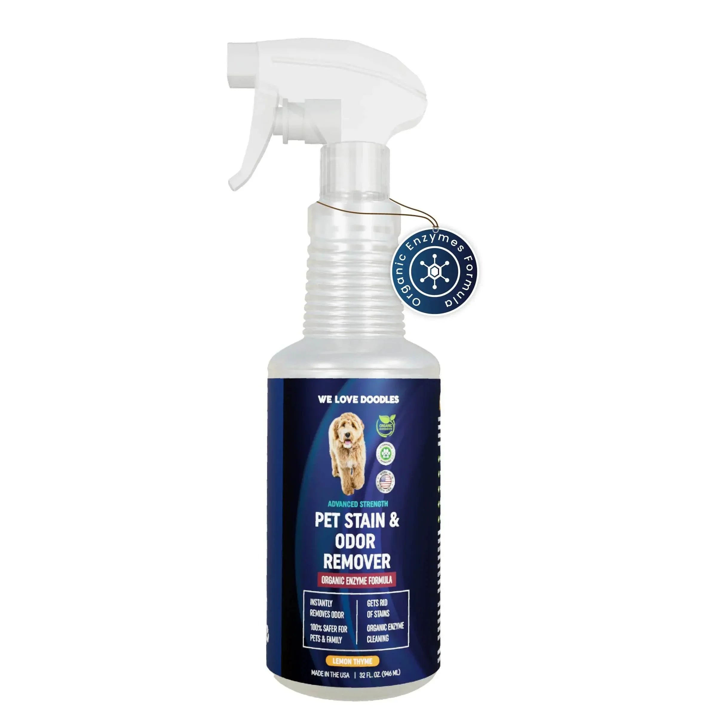Pet stain and odor remover spray with organic enzyme formula, lemon thyme scent, safe for pets and family