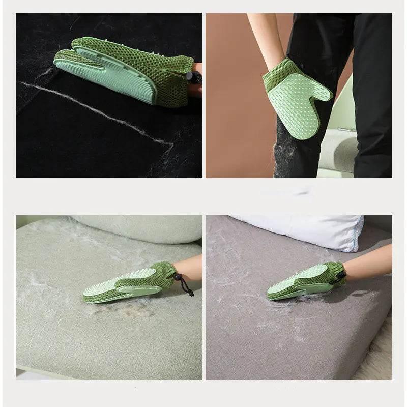 Green pet grooming glove removing fur from clothes, couch, and bedding for dog and cat care
