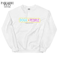 White sweatshirt with 'DOGS > PEOPLE' graphic, pet lover apparel for dog owners