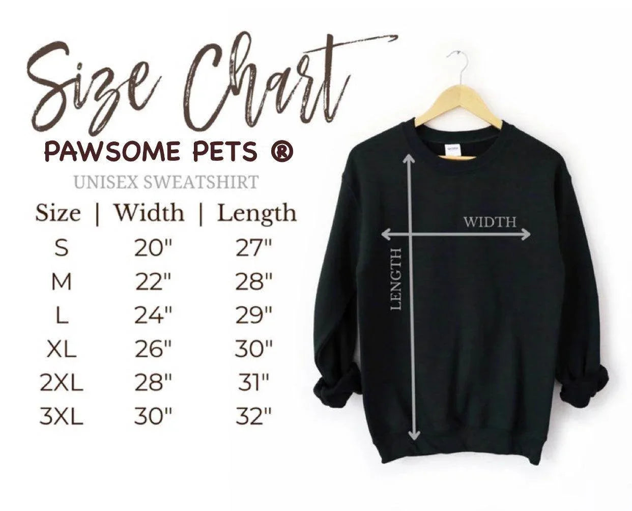 Pawsome Pets unisex pet sweatshirt size chart with measurements for S to 3XL, black hoodie on hanger