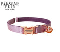 Purple satin cat collar with rose gold buckle and bell, Pawsome Pets New York branding